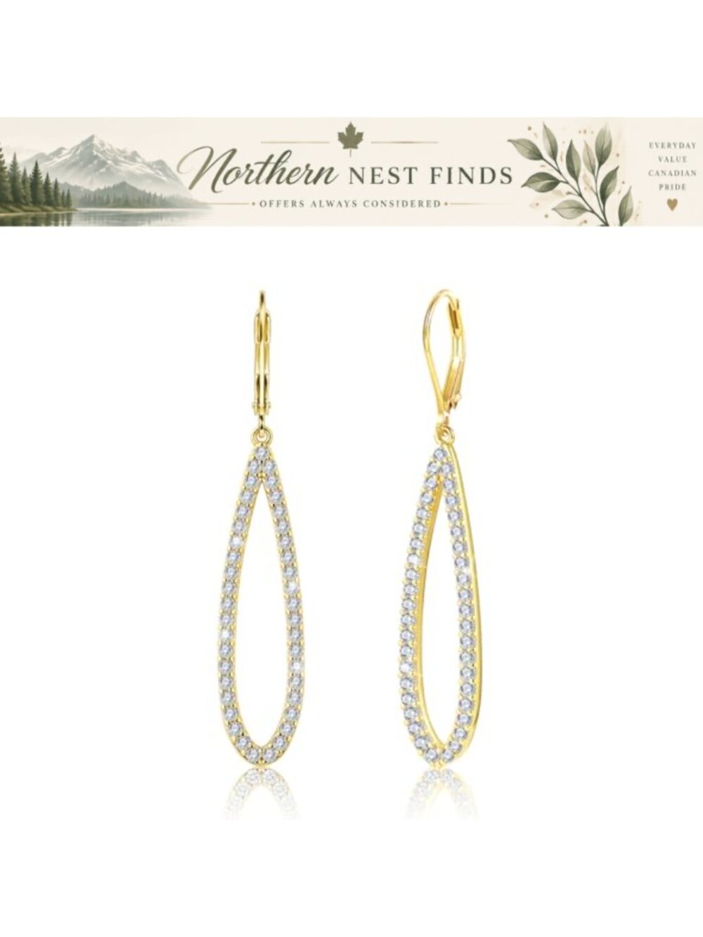 Teardrop Dangle Earrings with Cubic Zirconia, 14K Gold-Plated, Leverback